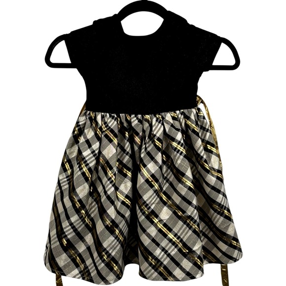 Nannette Kid Dress 8 Black Velvet Plaid Gold Bow Cap Sleeve Crinoline Shine Gray - Picture 2 of 10